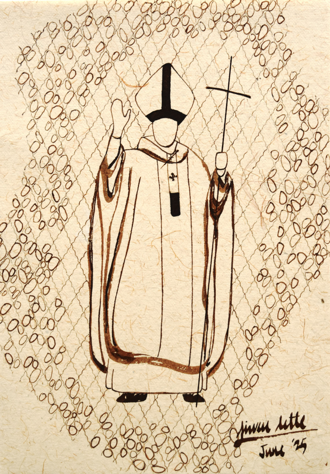 Illustration depicting a pope, and a fishing net with rocks.