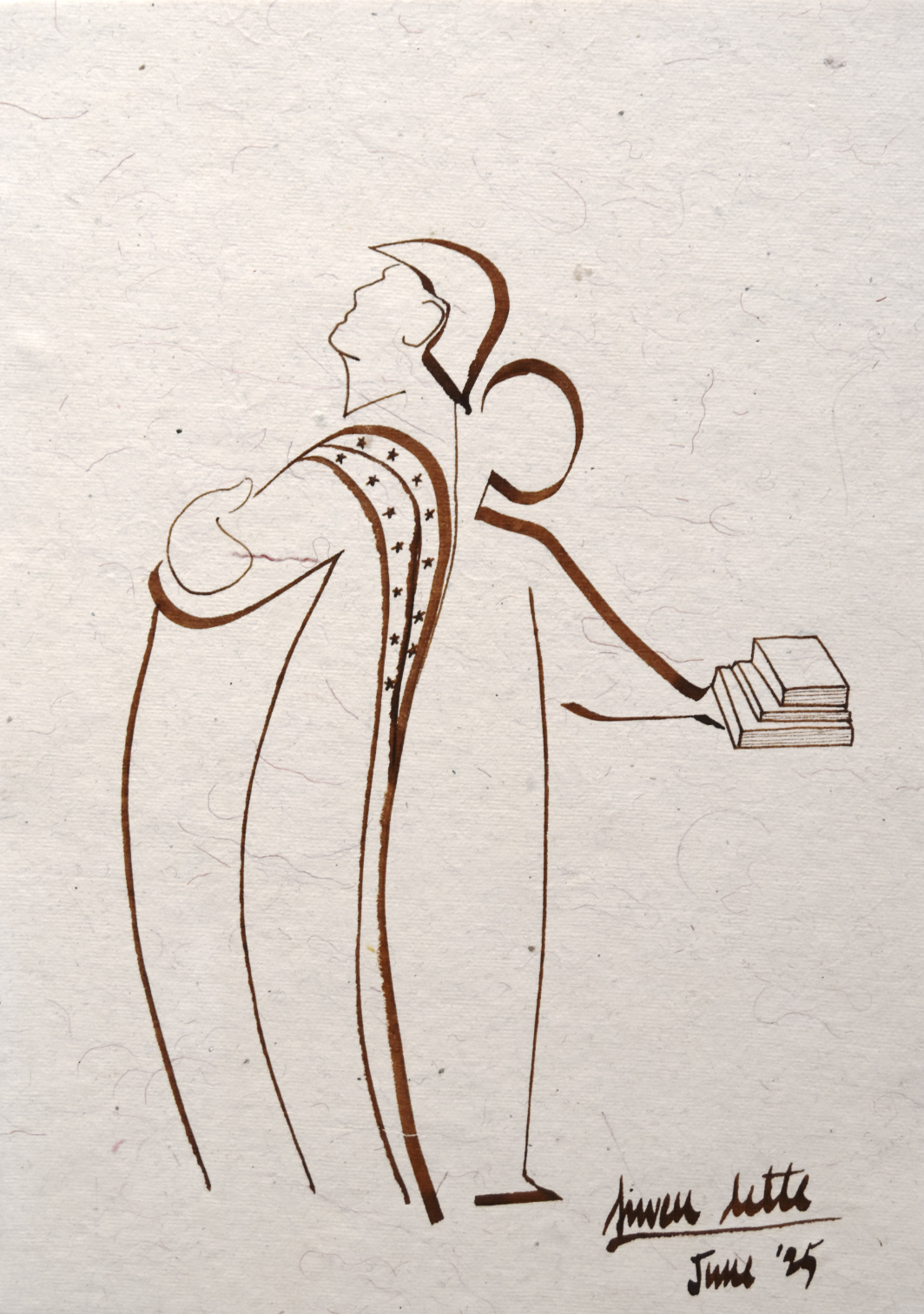 Illustration of a man dressed with the American flag, and a student surrendering his books