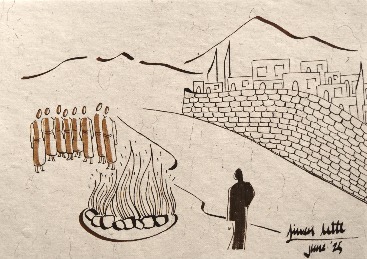 Illustration of a gathering around a bonfire outside the walled city